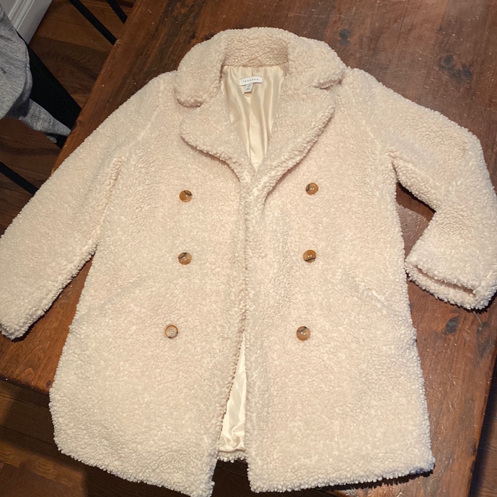 NW top shop ladies beige pea coat faux fur polyester